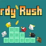 Kuvassa on värikkäitä lintuja, vihreitä laatikoita sekä teksti Birdy Rush turkoosilla taustalla