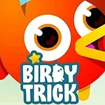 Oranssi piirretty lintu, jolla on suuret silmät ja keltainen nokka sinisellä taustalla, keskellä teksti Birdy Trick