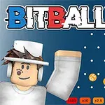 Piirroshahmo valkoisessa asussa ja hatussa sinisellä taustalla, joka on täynnä pieniä numeroituja palloja, sekä ylhäällä teksti BITBALL