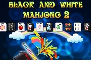 Mustien ja valkoisten mahjongin laattojen rivi, sateenkaaren värit ja pilvet taustalla sekä teksti Black and White Mahjong 2