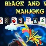 Mustien ja valkoisten mahjongin laattojen rivi, sateenkaaren värit ja pilvet taustalla sekä teksti Black and White Mahjong 2