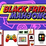Värikäs Black Friday Mahjong -otsikko, jossa on erilaisia ostoskohteita osina, kuten pelikonsoli, kamera ja älykello