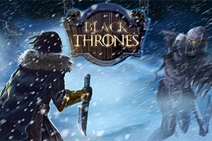 Kuvassa lumimyrskyssä seisova hahmo kohtaa pelottavan luurankohirviön, taustalla kyltti, jossa lukee Black Thrones