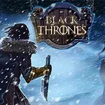 Kuvassa lumimyrskyssä seisova hahmo kohtaa pelottavan luurankohirviön, taustalla kyltti, jossa lukee Black Thrones