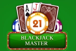 Kuvassa on pelikortit, pelimerkit ja teksti Blackjack Master vihreällä taustalla