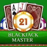 Kuvassa on pelikortit, pelimerkit ja teksti Blackjack Master vihreällä taustalla