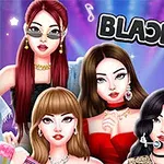 Neljä tyylikkäästi pukeutunutta piirroshahmoa poseeraa kirkkailla ja värikkäillä taustavaloilla, yläpuolella teksti BLACKPINK