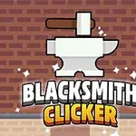 Alasimella sijaitseva vasara tiiliseinää vasten, tekstillä Blacksmith Clicker