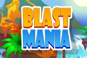 Värikäs grafiikka, jossa on teksti BLAST MANIA ja taustalla tulivuori, palmuja ja vesiputous