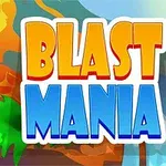 Värikäs grafiikka, jossa on teksti BLAST MANIA ja taustalla tulivuori, palmuja ja vesiputous