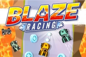 Värikkäässä kuvassa on sarja piirrosautoja ajamassa kilparataa pitkin, taustalla suuri teksti Blaze Racing