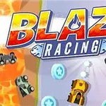 Värikkäässä kuvassa on sarja piirrosautoja ajamassa kilparataa pitkin, taustalla suuri teksti Blaze Racing