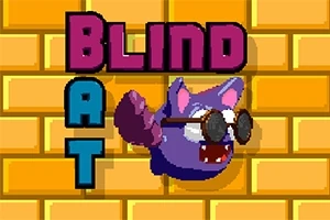 Violetti lepakko aurinkolaseissa lentää keltaista tiiliseinää vasten tekstillä Blind Bat