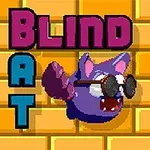 Violetti lepakko aurinkolaseissa lentää keltaista tiiliseinää vasten tekstillä Blind Bat