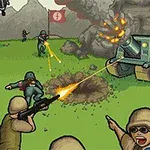 Piirrosmaisemassa sotilaat taistelevat tykkejä ja tankkeja vastaan vihreällä kentällä, taustalla näkyy vuoria ja lippu