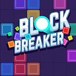 Värikkäitä, erivärisiä ja -kokoisia lohkoja tummalla taustalla, keskellä isolla tekstillä lukee Block Breaker