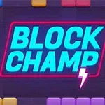 Värikkäitä palikoita ympäröivät teksti BLOCK CHAMP sinisellä ja neonvalaisella taustalla, ja alapuolella on salaman kuva