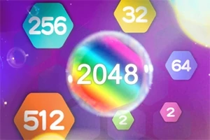 Tiivis värikäs kuusikulmio, jossa keskellä numero 2048, ympäröitynä pienemmillä numeroilla eri väreissä