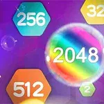 Tiivis värikäs kuusikulmio, jossa keskellä numero 2048, ympäröitynä pienemmillä numeroilla eri väreissä