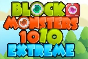 Värikäs teksti Block Monsters 1010 Extreme vihreällä, oranssilla, punaisella ja sinisellä värillä, taustalla piirrosmaisia puita