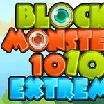 Värikäs teksti Block Monsters 1010 Extreme vihreällä, oranssilla, punaisella ja sinisellä värillä, taustalla piirrosmaisia puita