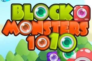 Värikäs otsikko Block Monsters 1010 silmäkuvioilla vihreän metsän edessä
