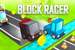 Kaksi lohkoautoa ajaa rinnakkain tiellä, ja ympärillä on kolikoita sekä liikennekartioita, tekstillä BLOCK RACER ylhäällä