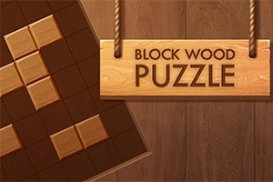 Puisia palikoita gridillä ja puinen kyltti, jossa lukee Block Wood Puzzle