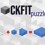 Kolmiulotteisia sinisiä palikoita geometrisellä taustalla, jossa teksti BLOCKFIT puzzler
