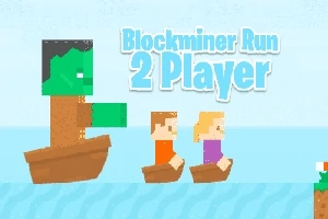 Kaksi hahmoa veneissä sinisellä taustalla, vasemmalla vihreä olento ja teksti Blockminer Run 2 Player