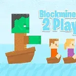 Kaksi hahmoa veneissä sinisellä taustalla, vasemmalla vihreä olento ja teksti Blockminer Run 2 Player