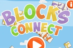 Värikäs Blocks Connect -teksti keskellä vaaleansinistä taustaa, jonka alla on suuri punainen toistopainike