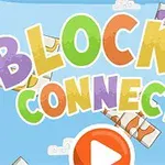 Värikäs Blocks Connect -teksti keskellä vaaleansinistä taustaa, jonka alla on suuri punainen toistopainike