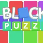 Värikkäitä laatikoita ja teksti BLOCKS PUZZLE kirkkailla kirjaimilla
