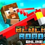 Hahmo ajaa kirkkaanpunaista autoa pikselimäisessä maailmassa, ja kuvan päällä on teksti BLOCKY ROADS ONLINE