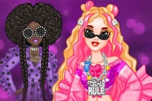 Kaksi tyyliteltyä hahmoa, molemmilla aurinkolasit, toinen vaaleanpunertavalla tukalla ja Girls Rule -kaulakorulla, toinen suurilla kiharoilla ja tähdillä koristellulla asulla, violettia taustaa vasten