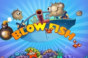Värikäs merenalainen kohtaus, jossa on piikkikaloja, rapuja, meritähti ja pommi, sinisellä taustalla ylhäällä keskellä teksti Blow Fish