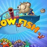 Värikäs merenalainen kohtaus, jossa on piikkikaloja, rapuja, meritähti ja pommi, sinisellä taustalla ylhäällä keskellä teksti Blow Fish