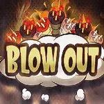 Pilven ympäröimä Blow Out -teksti, jonka takana on palavia pommeja ja kipinöitä