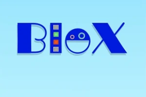 Sinisellä taustalla oleva sana Blox, jossa on geometrisia muotoja ja symbolit kirjainten sisällä