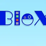 Sinisellä taustalla oleva sana Blox, jossa on geometrisia muotoja ja symbolit kirjainten sisällä