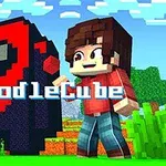 Pixeloitu punamusta hahmo seisoo vihreällä nurmikolla taustalla sininen taivas, vieressä seisoo hymyilevä pelihahmo, tekstillä DoodleCube