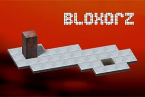 Bloxorz Harmaa laatikkomaailma ja oranssi pylvÀÀn muotoinen esine liukuvatason pÀÀllÀ; taustalla punainen vÀri ja teksti Bloxorz