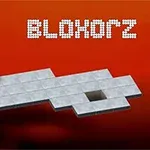 Bloxorz Harmaa laatikkomaailma ja oranssi pylvÀÀn muotoinen esine liukuvatason pÀÀllÀ; taustalla punainen vÀri ja teksti Bloxorz