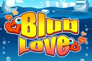 Kuvassa on kelta-punainen teksti Blub Love sinisellä taustalla, jota reunustavat sydänkuviot ja veneet