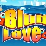 Kuvassa on kelta-punainen teksti Blub Love sinisellä taustalla, jota reunustavat sydänkuviot ja veneet