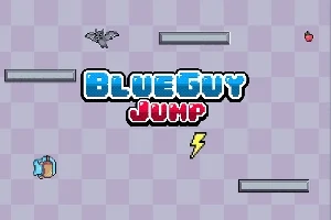 Sininen hahmo liikkuu alustan yli, pääkallot ja ukkosenmerkki ympäröimänä, ja otsikossa lukee Blue Guy Jump