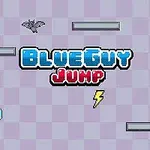 Sininen hahmo liikkuu alustan yli, pääkallot ja ukkosenmerkki ympäröimänä, ja otsikossa lukee Blue Guy Jump
