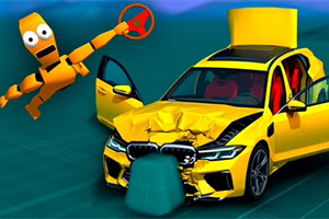 Keltainen vaurioitunut taksiauto ja oranssi törmäystestinukke punaisella ohjauspyörällä