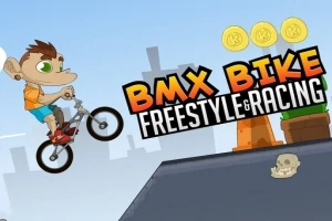 Piirroshahmo ajaa BMX-pyörällä rampilla taustalla kolikot ja kaupungin siluetti